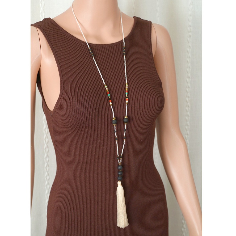 Boho Beaded Tassel Y Necklace Cream‎ White Gold Tone Accent Women's Fashion